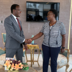 Elder George Munene, Area Seventy, greets Her Excellency Honorable Wavinya Ndeti, Governor of Machakos County. 5 August 2025