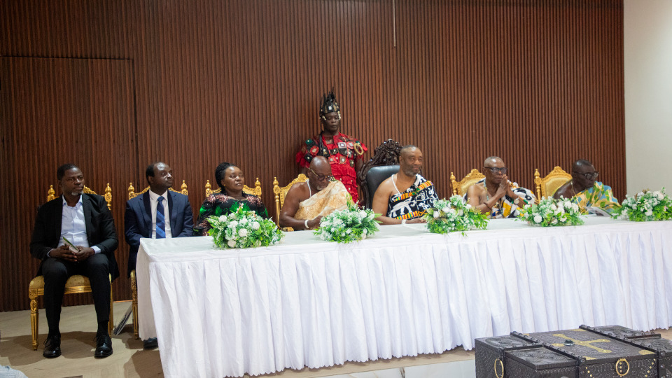 From Left to right: Hon. Alfred Nii Kotey Ashie (Member of parliament Odododiodio Constituency, Elder Samuel Annan-Simons (Area Seventy and Area Director of Communications & Publishing Department), Hon. Rita Odoi Sowah (Deputy Minister for Local Government, Chieftaincy, and Religious Affairs), Nii Ahele Nunuoo III (Paramount Chief), His Royal Majesty, King Tackie Teiko Tsuru II (Ga King), Nii Dodoo Nsakie (Paramount Chief), and Nii Ayikai III (Paramount Chief)