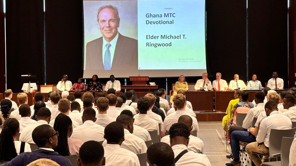 Elder Micchael T. Ringwood of the Presidency of the Seventy comes to the Accra Ghana MTC for a devotional on 23 August, 2024.