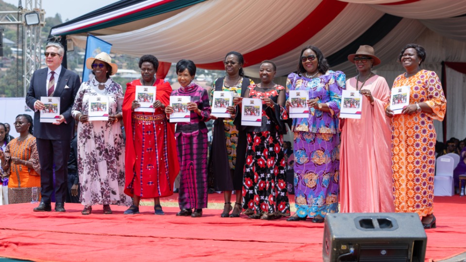 From left to right: Her Excellency Gladys Wanga, Governor of Homa Bay County, Ms. Antonia Ngabala-Sodonon, UN Women Country Representative, Canon Dr. Ida Betty Odinga(Wife to the Former Prime Minister of Kenya Rt. Hon. Raila Odinga), Her Excellency Mrs. Rachel Ruto, First Lady of the Republic of Kenya, Ms. Anne Wangombe, Principal Secretary, State Department for Gender and Affirmative Action, Amb. Maria Nzomo, PHD., EBS, MBS, Hon. Lady Justice Hannah Magondi Okwengu, Judge, Kenya Court of Appeal