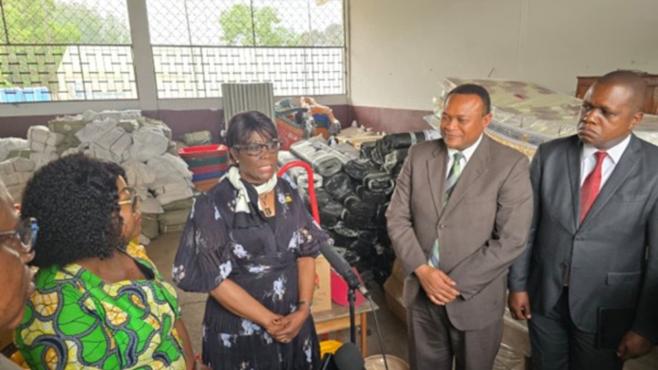 In the middle, Her Excellency Mrs. Irène Marie Cécile MBOUKOU KIMBATSA née GOMA, Minister of Social Affairs, Solidarity and Humanitarian Action, speaks to the press at the symbolic handover ceremony of the Church’s donation to the flood disaster victims in Brazzaville, August 22, 2025.