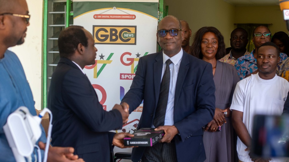 Elder Annan-Simons, an Area Seventy, participates in official hand-off ceremony for donating medical equipment to the Ghana Broadcasting company Medical Clinic on 4 September, 2024.