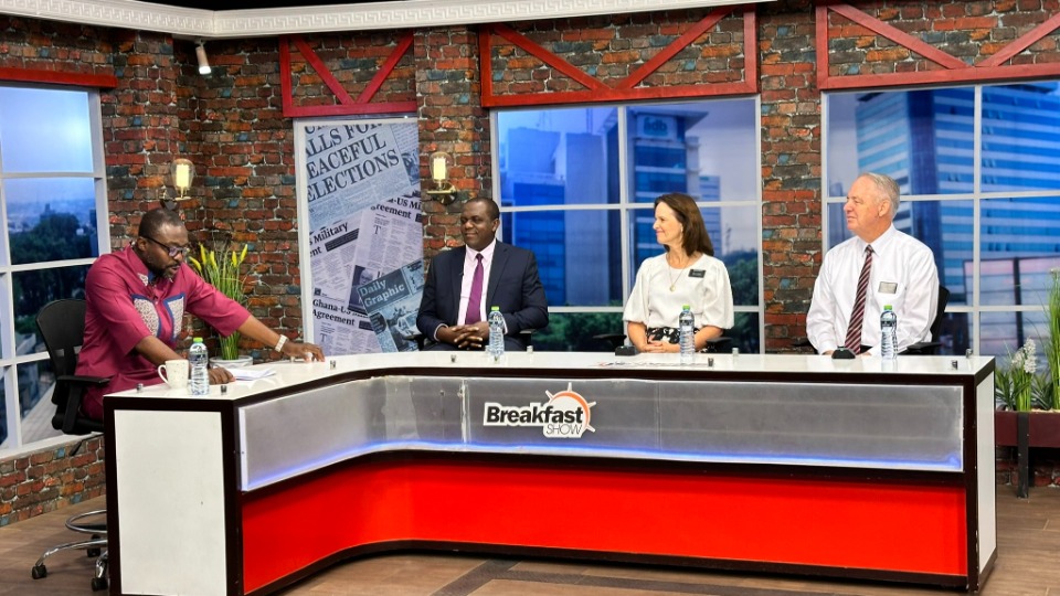 Brother James Owusu-Ansah, Sister Sondra Ostler, and Elder Creg Ostler appear on TV Ghana's Breakfast Show to speak to a national audience about the gospel of Jesus Christ and the Church's humanitarian efforts on 6 September 2024.