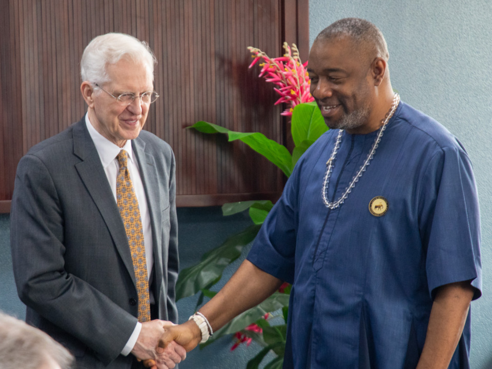 Elder D. Todd Christofferson greets His Royal Majesty King Tackie Tieko Tsuru II on 20 February, 2025.