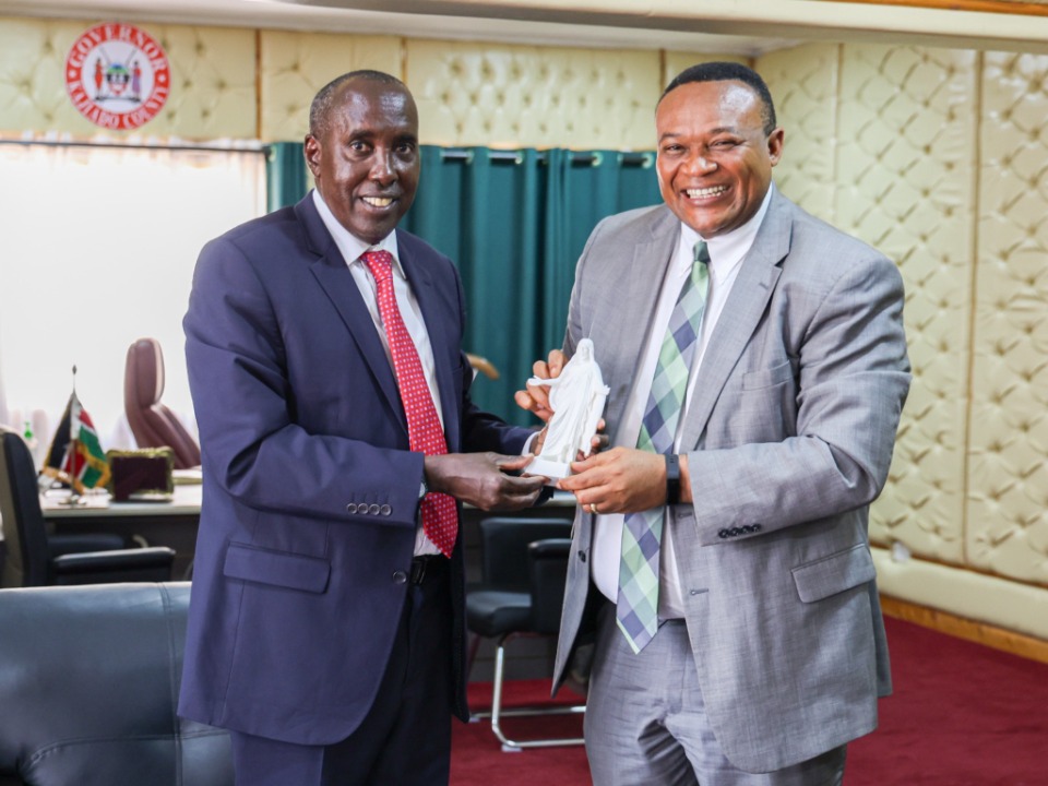 From right to left: Elder Thierry K. Mutombo, Africa Central Area President  hands over a Christus to His Excellency Hon. Joseph Ole Lenku, Kajiado County Governor in Kajiado, Kenya on 30 July 2025.