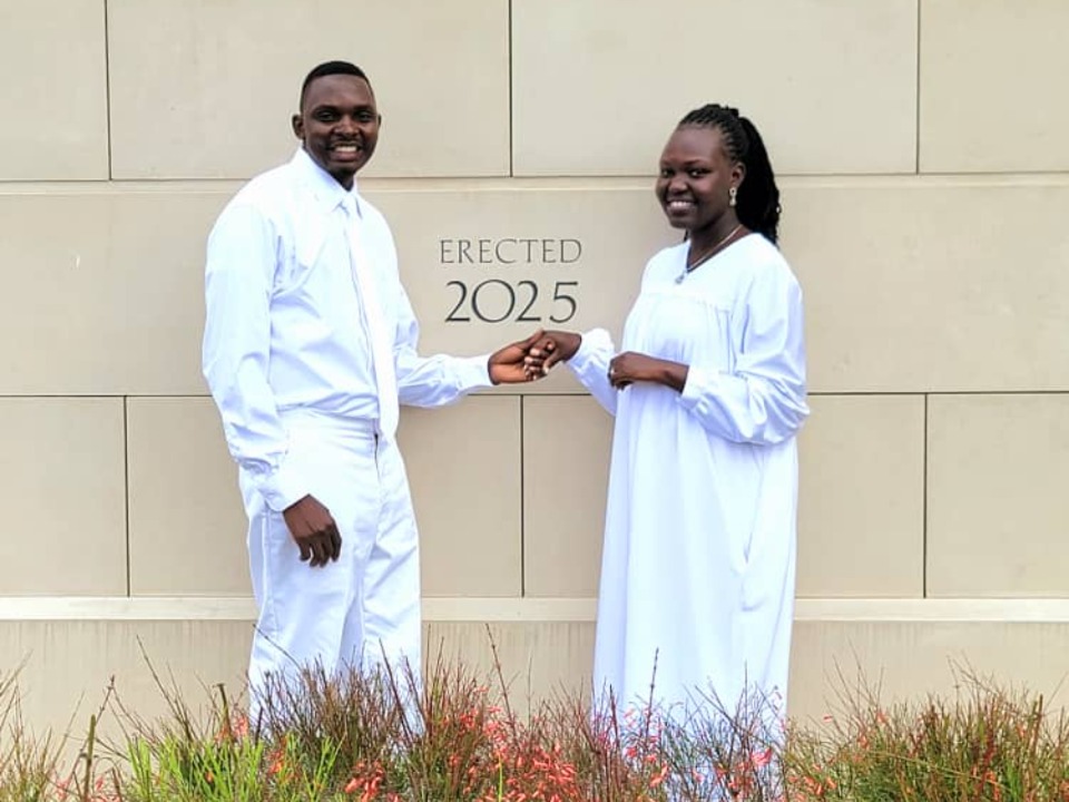 Peter-Moses-Gimeyi-Ndigavania-and-Concy-Mundrua-Kadabara-outside-Nairobi,-Kenya-Temple.-May-20th,-2025